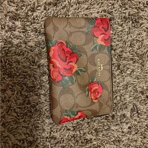 Coach Tan Wallet with Red Floral Design